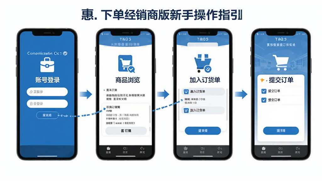惠下单经销商版新手操作指引图,画面以手机界面分步展示从登录到提交订单的流程,包含账号登录、商品浏览、加入订货单、提交订单四个步骤,每步配有简洁图标和文字标注。整体风格为扁平化教程风,蓝白配色,背景干净,画质清晰,适合新手学习。