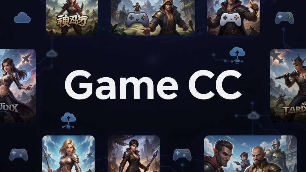 一张展示 Game CC 云游戏平台主界面的概念图,画面中央是软件名称