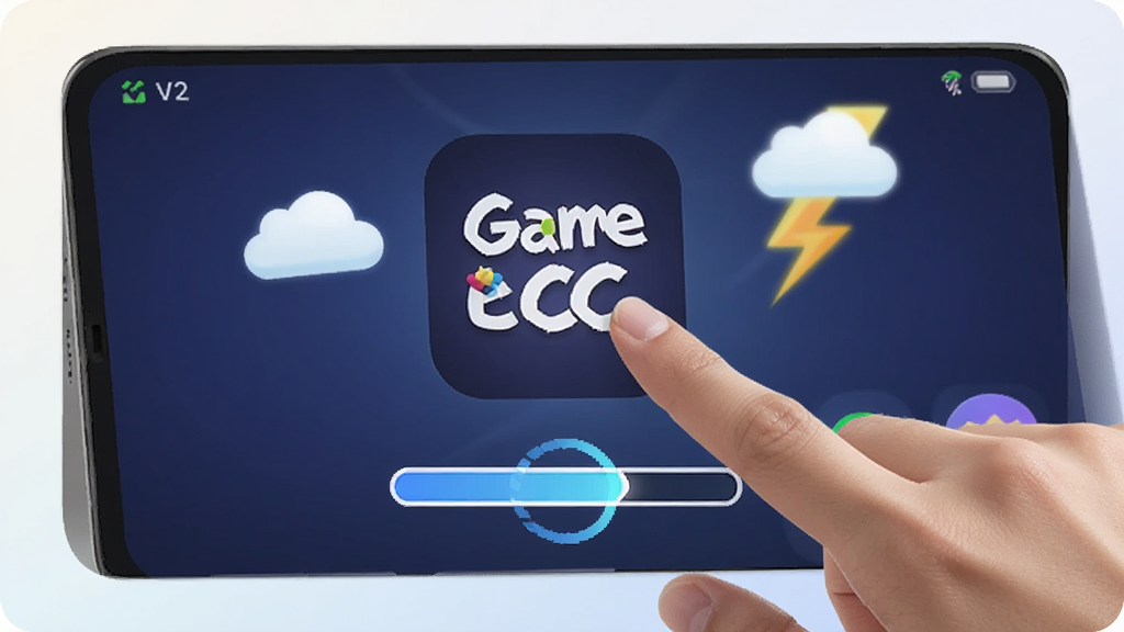 一张展示 Game CC 免下载即点即玩特性的宣传图,画面中一只手点击屏幕上的