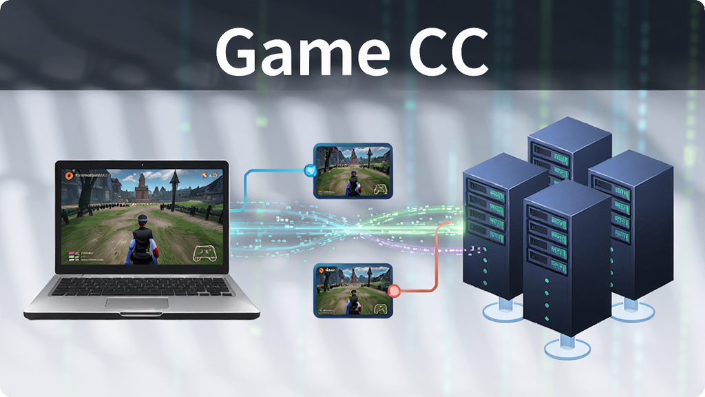 一张表现 Game CC 云端串流原理的示意图,画面左侧是一台普通笔记本电脑,右侧是云端服务器集群,中间用发光的数据流线条连接,软件名称