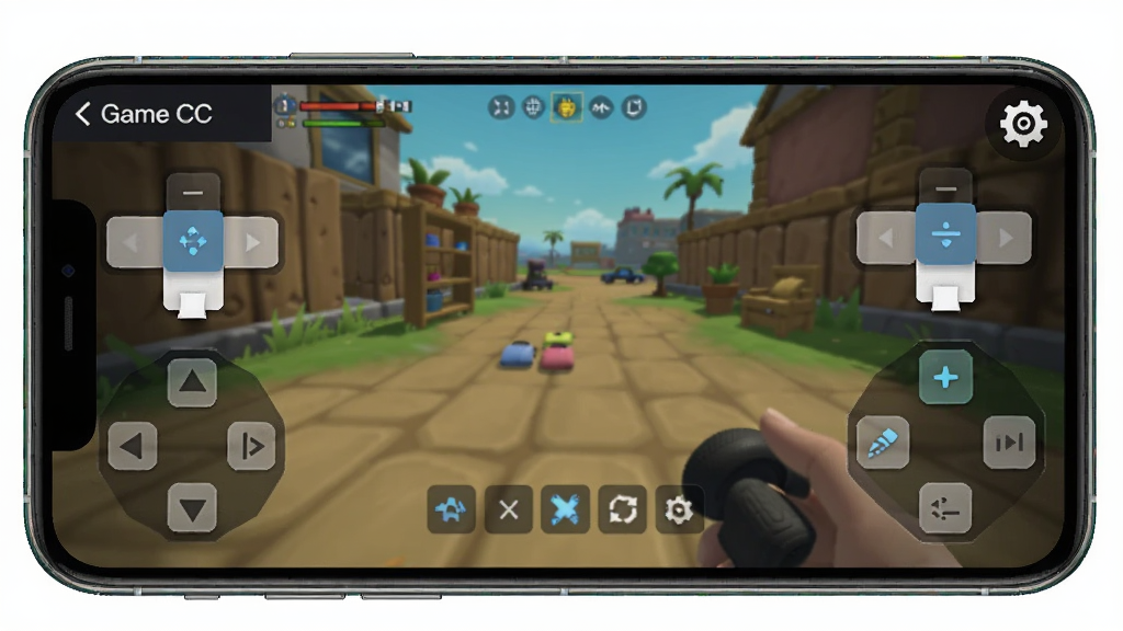 一张展示 Game CC 移动端虚拟按键自定义界面的示意图,画面中手机横屏显示游戏画面,屏幕两侧分布可拖拽的虚拟按钮,软件名称