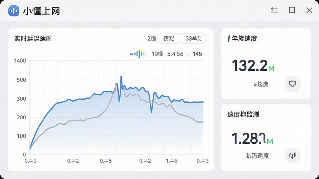 一张展示小懂上网网络监测面板的图片,画面中显示实时延迟曲线图和速度数据,界面布局清晰,配色以浅灰和蓝色为主,带有小懂上网软件名称,干净整洁,画质清晰