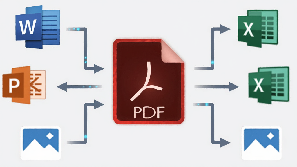 福昕PDF转Word多格式转换功能示意图,画面中央是PDF文件图标,周围环绕着Word、Excel、PPT、图片等格式图标,用箭头连接,背景为浅灰色,风格简约科技感,画质清晰干净