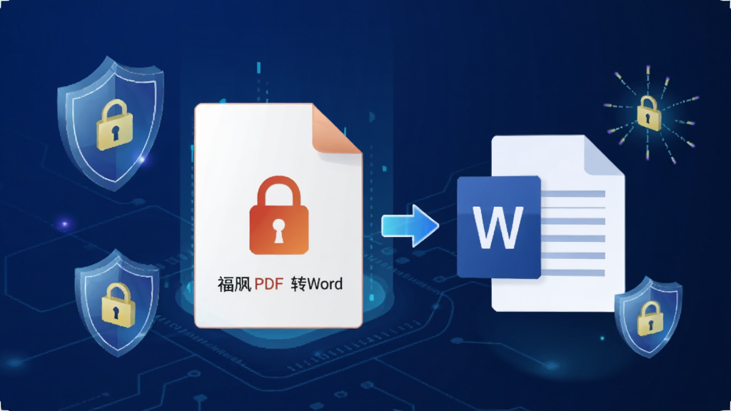 福昕PDF转Word安全加密功能概念图,画面中一个带有锁形图标的PDF文档正在被转换为Word文档,周围有盾牌和安全符号,背景为深蓝色科技风格,画质清晰,无多余元素