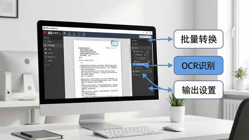 福昕PDF转Word使用技巧示意图,画面中展示电脑屏幕上的软件操作界面,旁边有提示框标注“批量转换”“OCR识别”“输出设置”等关键功能,背景为简洁办公环境,风格清晰明了,画质干净无多余元素