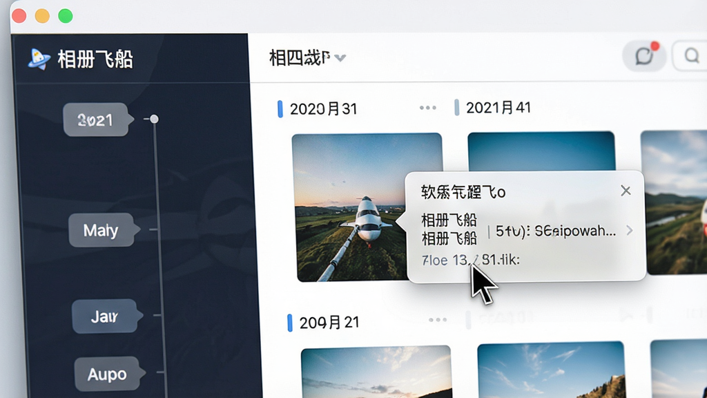 一张软件功能特写图,画面中“相册飞船”软件正展示着按时间轴排列的照片流,左侧有年份月份标签,右侧照片按日期分组,鼠标光标正悬停在一张照片上显示详细信息浮层,风格为简洁明快的UI界面截图,画质清晰,无杂乱背景