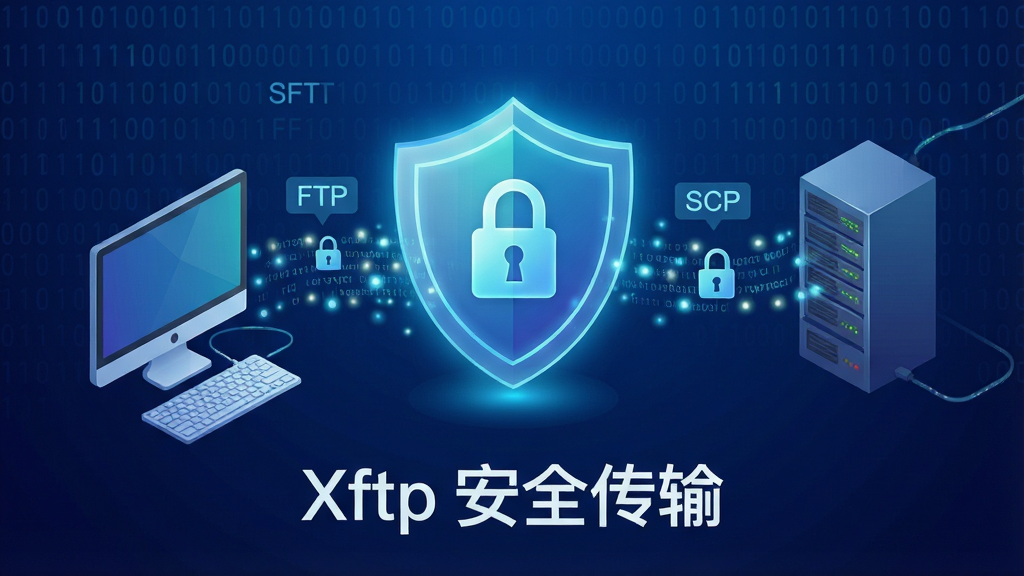 一幅表现 Xftp 安全传输概念的科技插画,画面中心是一个发光的盾牌图标,盾牌内部有锁形图案,盾牌两侧分别连接着本地电脑和远程服务器,连接线上有加密数据流的光点效果,背景是深蓝色渐变,风格为现代网络安全主题,细节包括二进制代码纹理、协议名称标签“SFTP”“FTP”“SCP”,画质高清,画面干净,无多余元素,画面下方有文字“Xftp 安全传输”