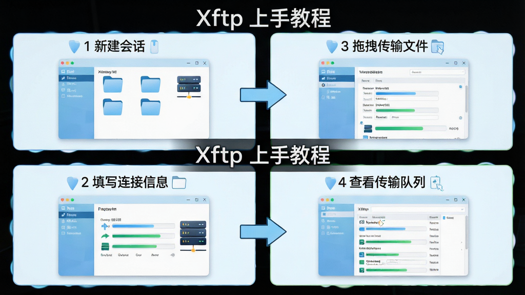一幅展示 Xftp 新手操作流程的步骤示意图,画面分为四个区域,分别标注“1 新建会话”“2 填写连接信息”“3 拖拽传输文件”“4 查看传输队列”,每个区域配有简洁的界面截图风格插画和箭头指引,整体风格清新明快,色调以浅蓝和白色为主,细节包括文件夹图标、服务器图标、进度条,画质高清,画面干净,无多余元素,画面中有文字“Xftp 上手教程”