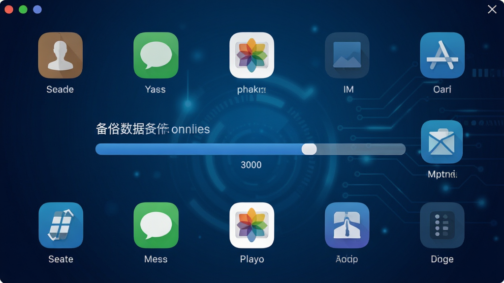 超级备份软件主界面截图,画面中央展示手机数据备份进度条,背景为深蓝色科技感渐变,界面布局简洁,包含联系人、短信、照片、应用等图标,风格扁平化,细节清晰,画质干净,无多余元素
