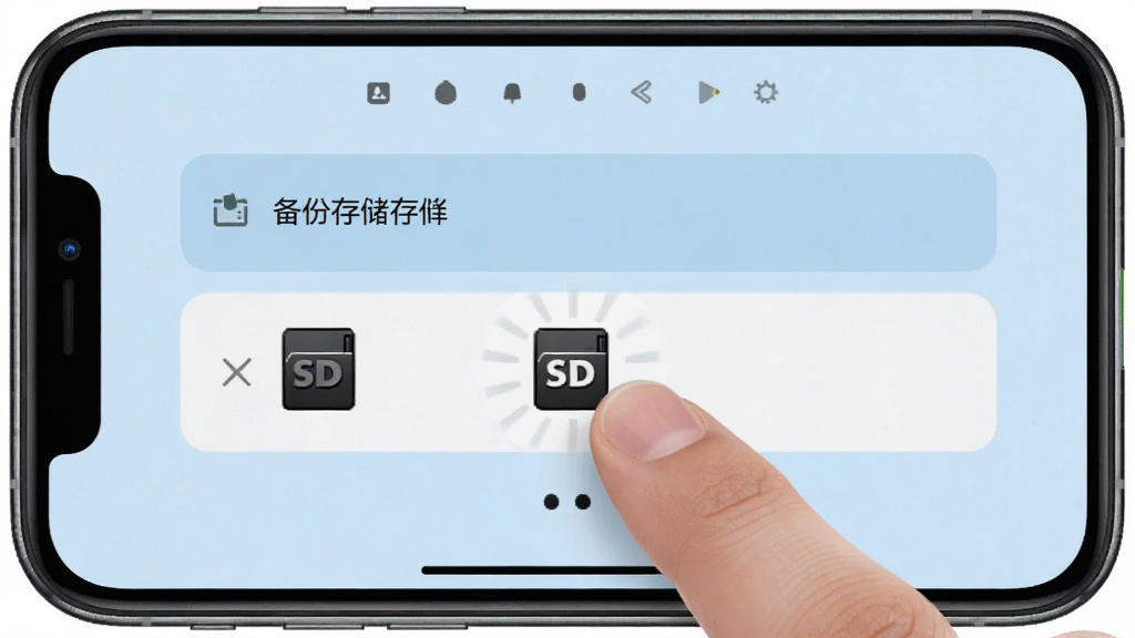 超级备份存储路径选择界面截图,画面显示手机屏幕上有内部存储和SD卡两个选项,手指正在点击SD卡图标,背景为淡蓝色,布局对称,风格清新,细节清晰,画质干净,无多余元素