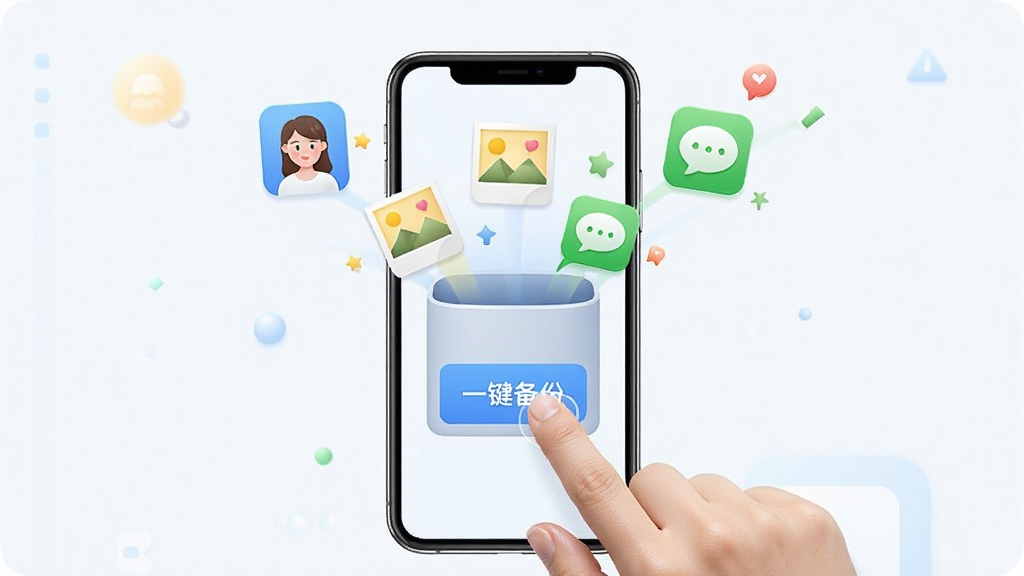 超级备份一键备份功能展示图,画面中一只手点击手机屏幕上的“一键备份”按钮,周围环绕着联系人、照片、短信等数据图标飞入手机存储模块,布局居中,风格简洁明快,细节丰富,画质清晰,无多余元素