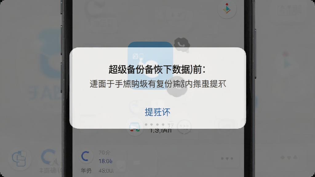 超级备份恢复数据前的确认提示界面截图,画面展示手机屏幕上的弹窗,提示是否覆盖现有数据,背景为半透明灰色,布局居中,风格简洁,细节清晰,画质干净,无多余元素