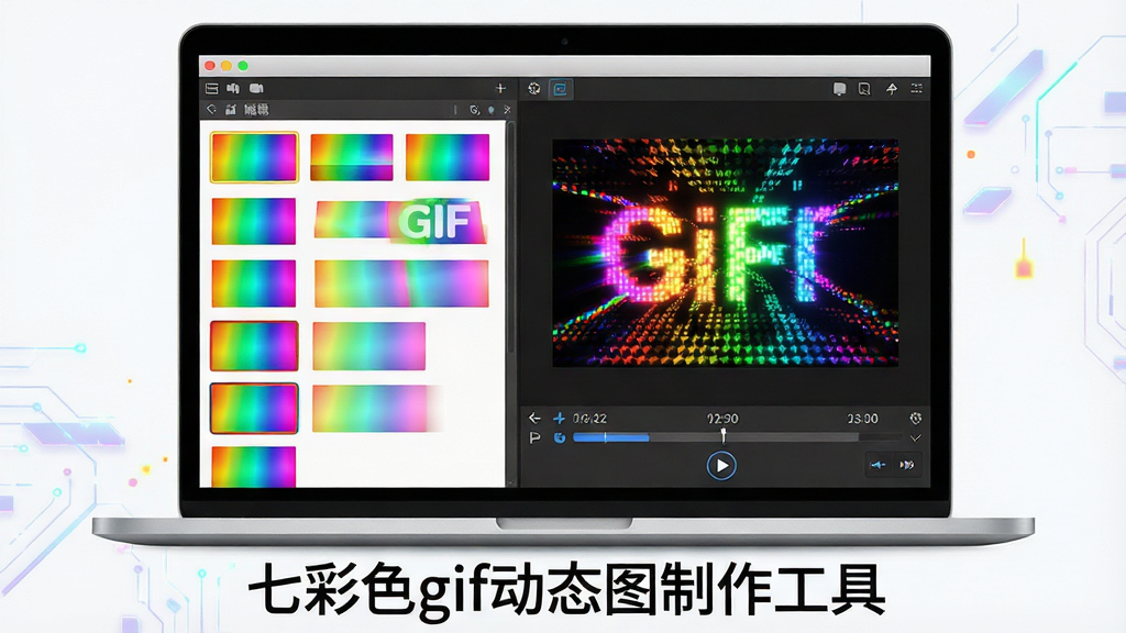 一张功能展示图,画面主体是一台笔记本电脑屏幕,屏幕上显示七彩色gif动态图制作工具的帧编辑界面,帧列表中有多张七彩渐变色块缩略图,右侧预览区播放着闪烁的七彩GIF动画,屏幕下方有“七彩色gif动态图制作工具”文字标签,布局为居中展示,风格为科技感产品宣传图,细节包含帧缩略图、时间轴、播放按钮,画质高清,干净无杂乱元素