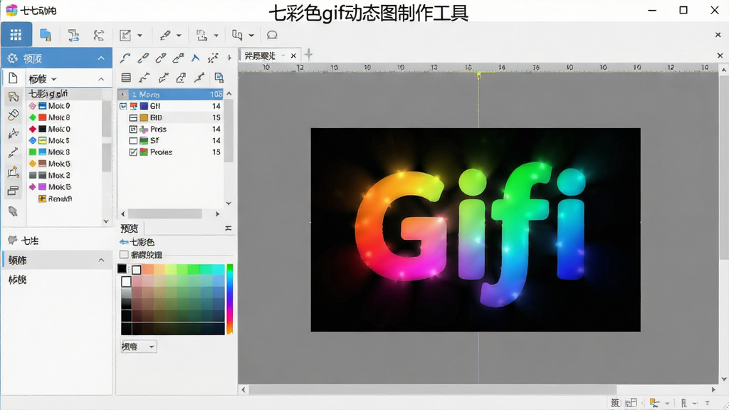 一张软件界面全景截图,画面中央是七彩色gif动态图制作工具的主操作窗口,左侧为功能导航栏,右侧为预览画布,画布中显示一张正在编辑的七彩渐变GIF动图,窗口上方有软件名称“七彩色gif动态图制作工具”文字标识,整体布局清晰,排版规整,风格为现代扁平化软件界面,细节包含帧列表、工具栏、调色板等元素,画质清晰干净,无多余元素