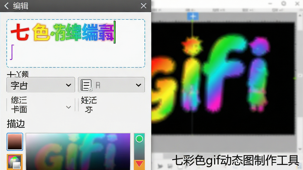 一张软件功能特写图,画面展示七彩色gif动态图制作工具的文字编辑面板,面板中有彩色文字输入框、字体选择下拉菜单、描边颜色拾取器,背景是正在编辑的七彩GIF动图,画面右下角有软件名称“七彩色gif动态图制作工具”水印文字,布局为局部放大特写,风格为简洁产品界面展示,细节清晰,画质干净,无多余装饰