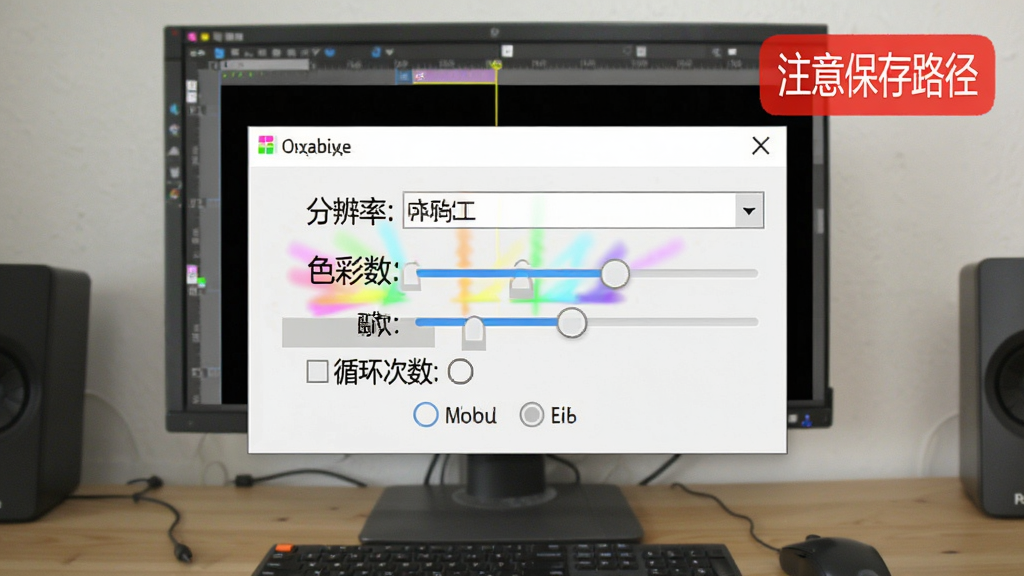 一张操作示意图,画面展示电脑桌面上七彩色gif动态图制作工具的导出设置窗口,窗口中有分辨率下拉框、色彩数滑块、循环次数选项,背景是正在编辑的七彩GIF预览画面,画面中有红色标注框提示“注意保存路径”,整体布局为教程截图风格,细节清晰,画质干净,无多余元素