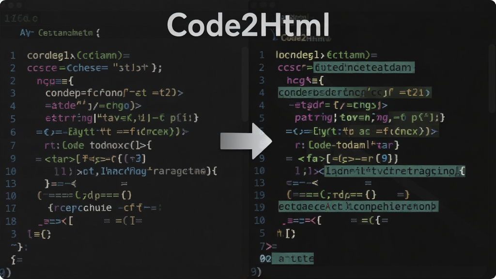 一张展示Code2Html智能语法高亮功能的图片,画面中左侧是纯文本代码,右侧是经过高亮处理后的彩色代码,中间有箭头表示转换过程,画面中包含“Code2Html”文字标识,风格为扁平化科技感,细节包括不同颜色的代码元素,画质清晰,干净,无多余元素