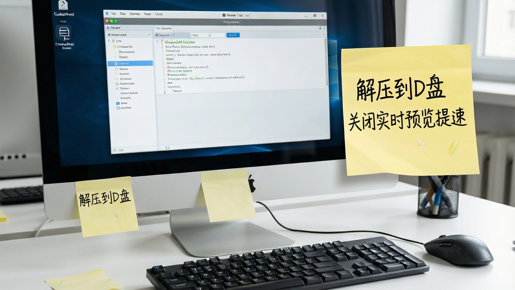 一张展示Code2Html使用技巧的图片,画面中电脑屏幕上显示软件界面,旁边有便签纸写着“解压到D盘”、“关闭实时预览提速”等提示文字,风格为办公桌面场景,细节包括键盘鼠标和便签,画质清晰,干净,无多余元素