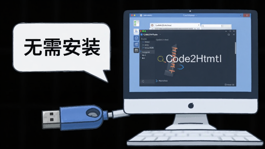 一张展示Code2Html轻量免安装特性的图片,画面中一个U盘连接着电脑,电脑屏幕上显示Code2Html软件正在运行,旁边有“无需安装”的文字气泡,风格为清新科技插画风格,细节包括U盘和电脑的简洁线条,画质清晰,干净,无多余元素