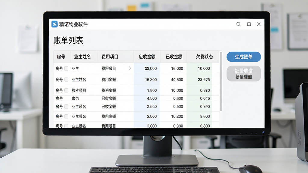 一张收费管理模块的界面截图,画面主体是精诺物业软件的账单列表页面,表格中清晰展示房号、业主姓名、费用项目、应收金额、已收金额、欠费状态等字段,右侧有生成账单和批量催缴按钮,界面采用浅色主题,数据排列整齐,屏幕背景为简洁的办公桌面,风格写实,画质清晰,无多余元素
