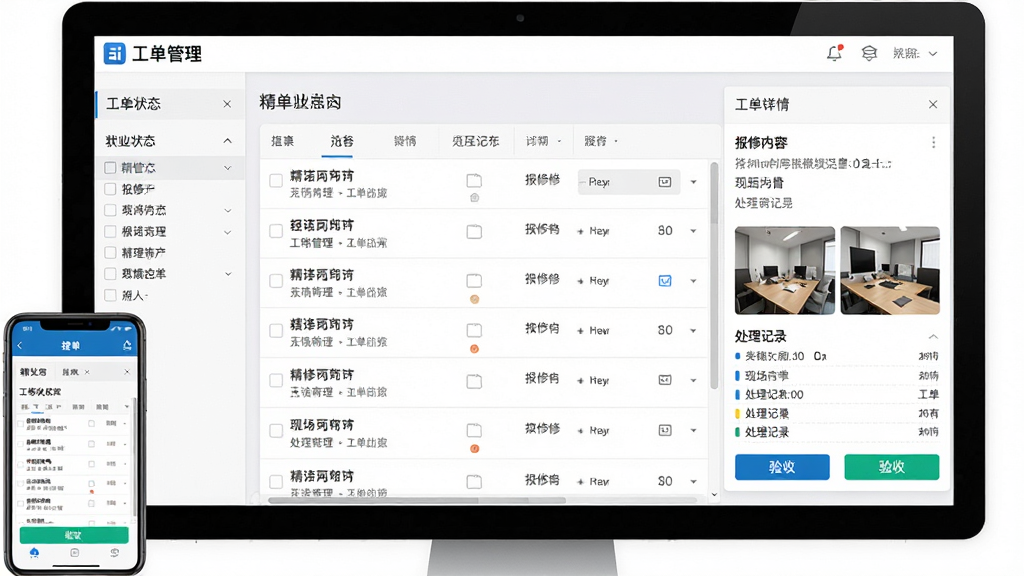 一张电脑端软件操作界面图,画面展示精诺物业软件的工单管理页面,左侧为工单状态筛选栏,中间是工单列表,右侧为工单详情面板,包含报修内容、现场照片、处理记录和验收按钮,界面采用浅灰与白色搭配,屏幕旁边放着一部手机显示移动端接单界面,风格写实,画质高清,无多余元素
