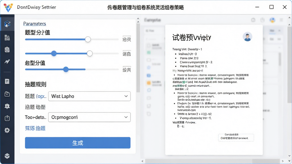 一张展示Word题库管理与组卷系统灵活组卷策略功能的图片,主体为软件界面中的组卷参数设置窗口与试卷预览,布局为参数面板与预览区域并排,风格为现代教育软件,细节包括题型分值滑块、抽题规则下拉框、生成按钮,画质高清,干净,无多余元素