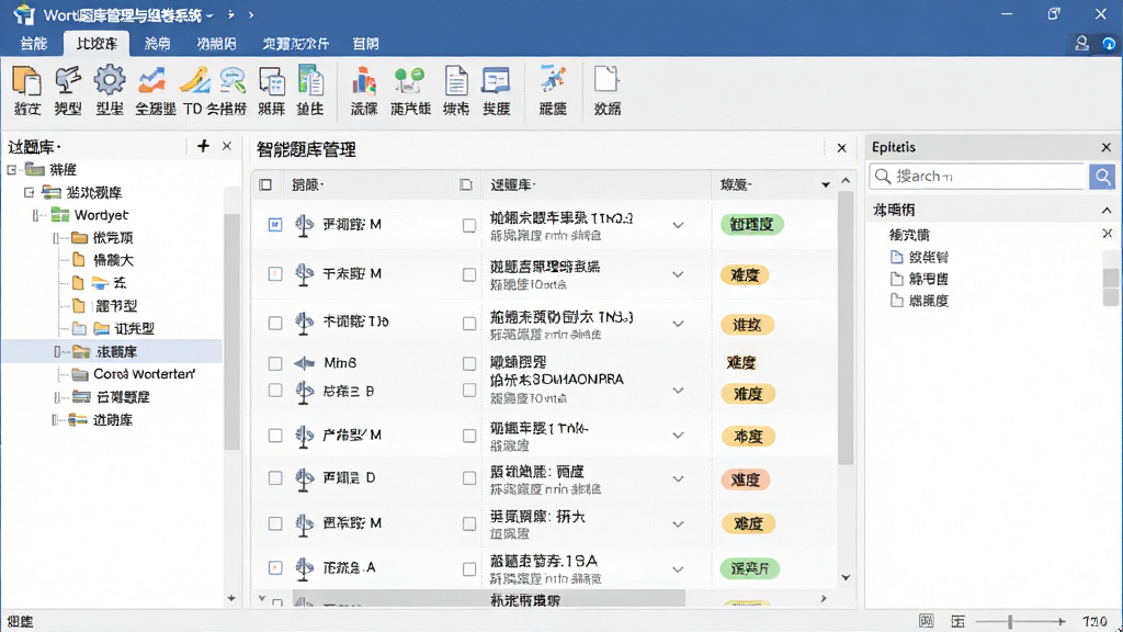 一张展示Word题库管理与组卷系统智能题库管理功能的图片,主体为软件界面中的题库列表与题目编辑区域,布局为左侧分类树、中间题目列表、右侧编辑面板,风格为专业办公软件,细节包括题型图标、难度标签、搜索框,画质高清,干净,无多余元素