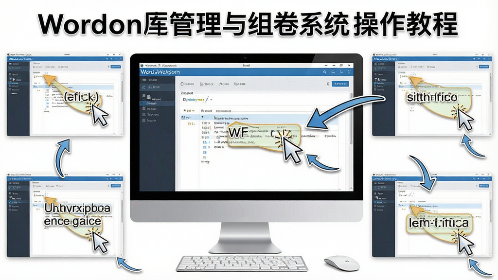 一张展示Word题库管理与组卷系统操作教程的图片,主体为电脑屏幕上的软件界面与操作步骤标注,布局为分步截图排列,风格为教程图解,细节包括箭头指示、文字说明框、鼠标点击高亮,画质高清,干净,无多余元素