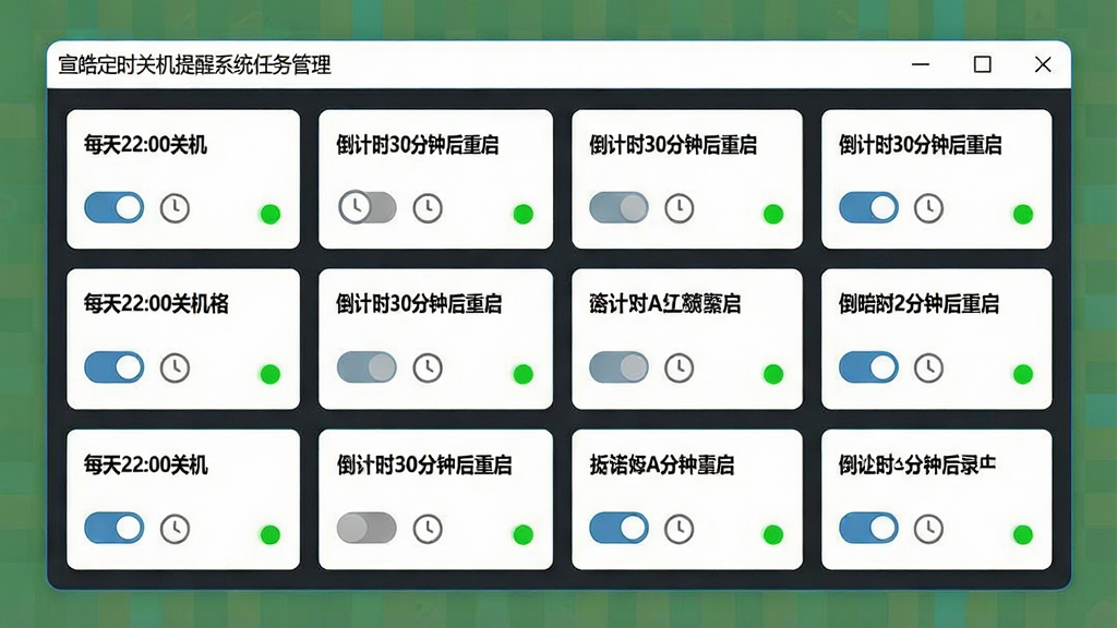 一幅展示宣皓定时关机提醒系统任务管理界面的示意图,画面主体是一个软件窗口,窗口内排列着多个定时任务卡片,每张卡片上标注着“每天22:00关机”、“倒计时30分钟后重启”等文字。布局采用网格排列,风格为扁平化UI设计,细节上包含开关按钮、时间图标和状态指示灯,画质清晰,干净,无多余元素。