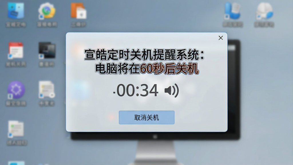 一张展示宣皓定时关机提醒系统提醒弹窗的图片,画面主体是电脑屏幕中央弹出的一个半透明提醒框,上面有大号字体显示“宣皓定时关机提醒系统:电脑将在60秒后关机”,下方有“取消关机”按钮。布局突出弹窗,背景是模糊的桌面图标。风格为现代UI设计,细节包含倒计时数字变化和声音波纹图标,画质清晰,干净,无多余元素。