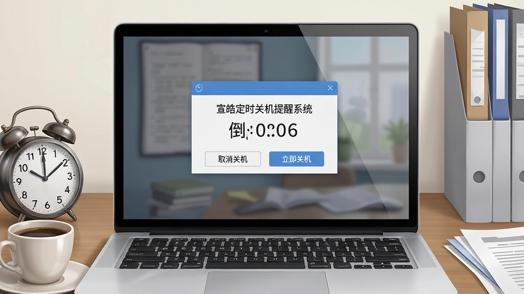 一张展现宣皓定时关机提醒系统核心功能的场景图,画面主体是一台正在运行的笔记本电脑,屏幕中央显示一个清晰友好的倒计时提醒弹窗,弹窗上写有“宣皓定时关机提醒系统”字样,旁边有“取消关机”和“立即关机”两个按钮。布局采用居中构图,电脑周围散落着时钟、咖啡杯和文件,暗示工作场景。风格为写实数字插画,细节丰富,屏幕反光自然,画质清晰,干净,无多余元素。