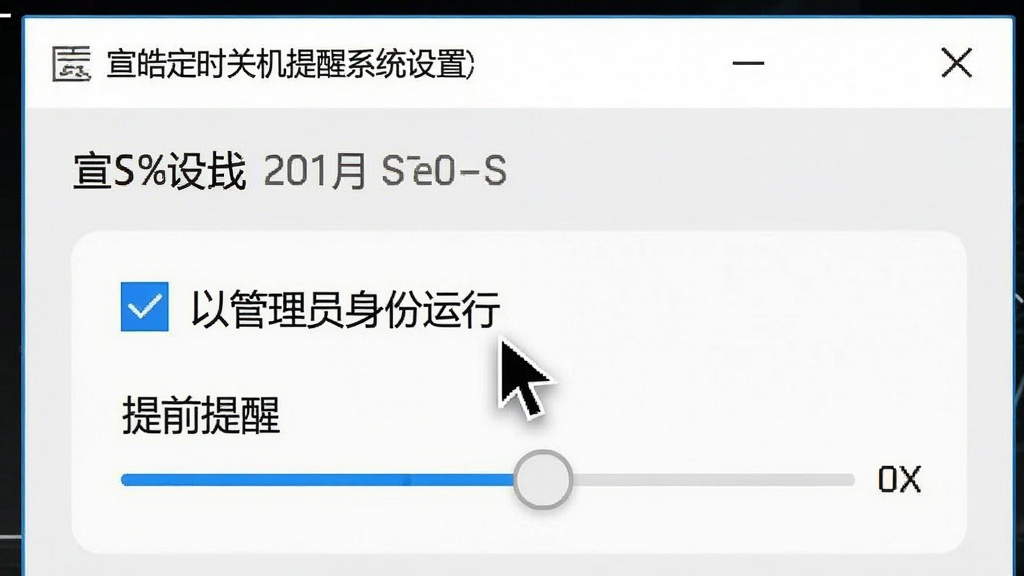 一张展示宣皓定时关机提醒系统设置界面的图片,画面主体是软件设置窗口,重点突出“以管理员身份运行”的勾选项和“提前提醒”滑块。布局采用局部放大特写,风格为干净简洁的UI截图,细节包含鼠标指针悬停在选项上,画质清晰,干净,无多余元素。