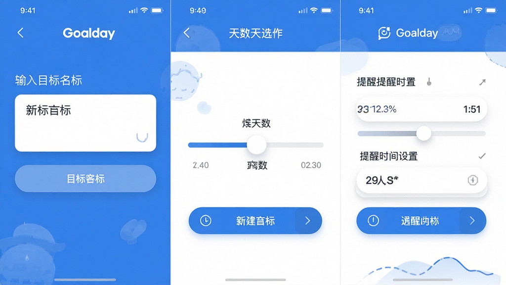 一张展示 Goalday 应用内新建目标流程的界面截图风格插画,画面左侧为输入目标名称的文本框,中间为选择天数的滑块,右侧为提醒时间设置,整体排版为横向三栏布局,风格为清爽的扁平化设计,主色调为蓝白搭配,细节包括圆角按钮、细线图标和柔和阴影,画质干净清晰,无多余装饰元素