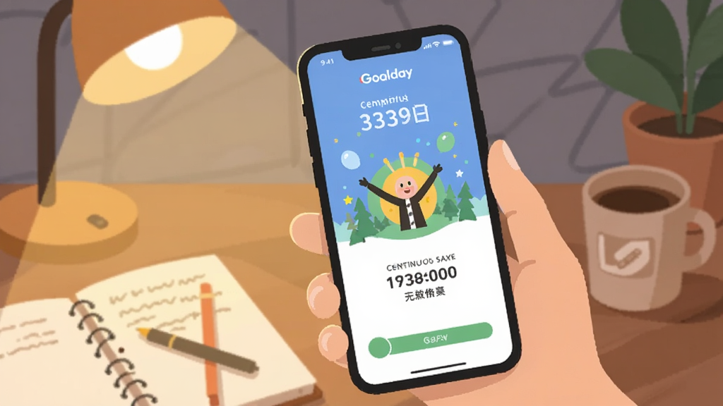 一张展示 Goalday 应用在手机上日常使用场景的插画,画面为一只手拿着手机,屏幕显示打卡完成后的庆祝动画和连续天数数字,背景为温馨的书桌环境,风格为柔和扁平插画,细节包括暖色灯光、笔记本和咖啡杯,画质清晰,画面干净,无多余元素