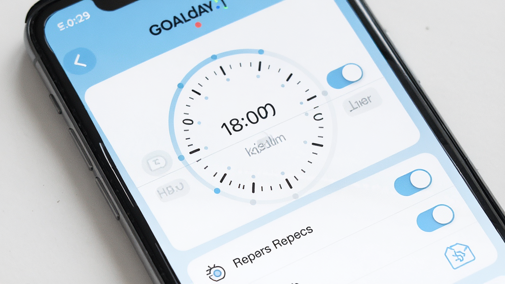 一张 Goalday 应用内提醒设置界面的展示图,画面为手机屏幕特写,屏幕内显示时间选择器和重复周期选项,界面以白色和浅蓝色为主,风格为极简扁平化设计,细节包括圆形时间刻度、开关按钮和细线图标,画质清晰,画面干净,无多余元素