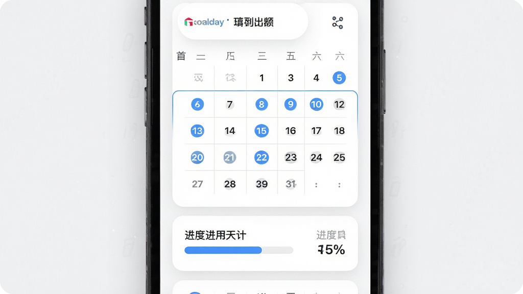 一张 Goalday 应用内进度追踪页面的界面展示图,画面主体为手机屏幕,屏幕内显示月历视图和连续打卡天数统计,日历上用圆点标记已完成日期,下方有进度条和百分比数字,背景为白色卡片式布局,风格为现代简约 UI 设计,细节包括浅灰色分割线、蓝色高亮标记和圆角卡片,画质清晰,画面干净,无多余元素