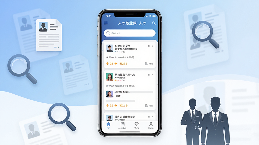 一张展示人才职业网移动端应用主界面的图片,画面中央是一部智能手机,屏幕上显示着人才职业网的职位列表页面,包含搜索框、职位卡片和底部导航栏,背景是柔和的蓝白渐变色调,周围散落着简历图标、放大镜图标和职业西装人物剪影,整体风格简洁现代,细节清晰,画质干净,无多余元素,适合作为软件下载站的预览图。