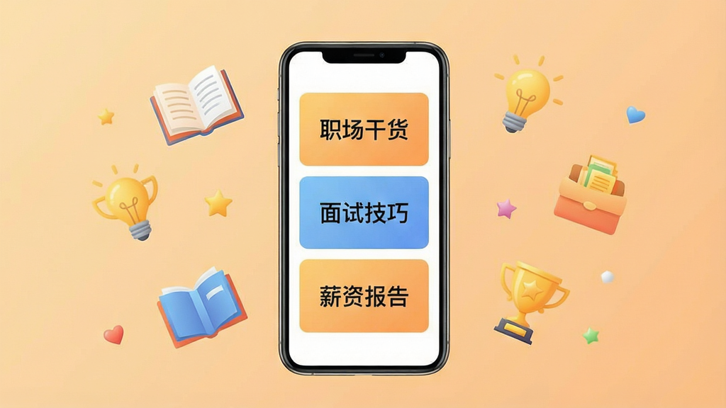 一张展示人才职业网职业社区板块的图片,画面中央是一个手机屏幕,屏幕上显示着“职场干货”“面试技巧”“薪资报告”等卡片式内容,屏幕周围漂浮着书本、灯泡、奖杯等图标,背景是暖色调的浅橙色渐变,风格清新明快,排版整齐,画质干净,无多余元素。