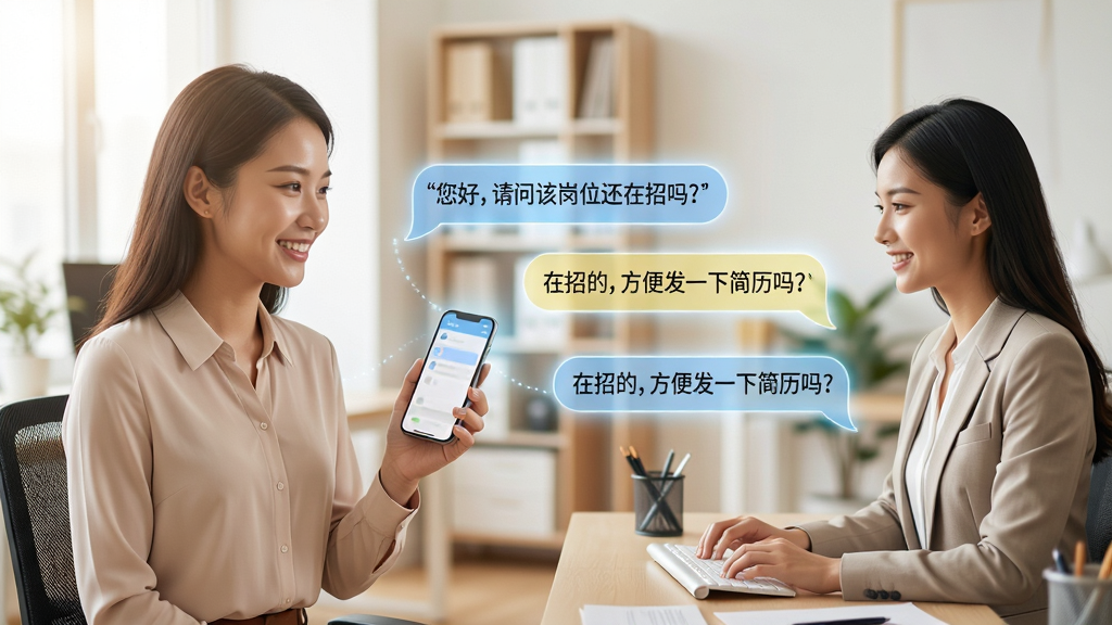 一幅描绘人才职业网在线沟通场景的生成图片,画面左侧是一位求职者拿着手机微笑,右侧是一位HR在电脑前回复消息,两人之间由一条发光的消息气泡连接,气泡中显示“您好,请问该岗位还在招吗?”和“在招的,方便发一下简历吗?”等对话内容,背景是明亮的办公室环境,风格温馨商务,细节清晰,画质干净。