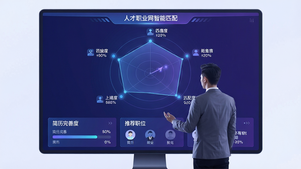一张展示人才职业网智能匹配功能的图片,画面中一位职场人士站在巨大的雷达屏幕前,雷达上显示着多个职位光点,每个光点旁标注着匹配度百分比,屏幕下方有“简历完善度”“推荐职位”等模块,整体采用蓝紫色调,风格科技感十足,排版清晰,画质干净,无多余元素。