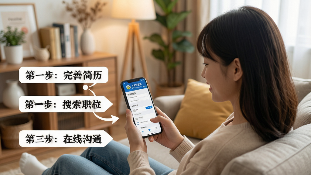 一张展示人才职业网新手操作指引的图片,画面中一位年轻人坐在沙发上使用手机,手机屏幕显示人才职业网的简历填写页面,旁边有箭头标注“第一步:完善简历”“第二步:搜索职位”“第三步:在线沟通”,背景是温馨的家居环境,风格轻松友好,细节清晰,画质干净,无多余元素。