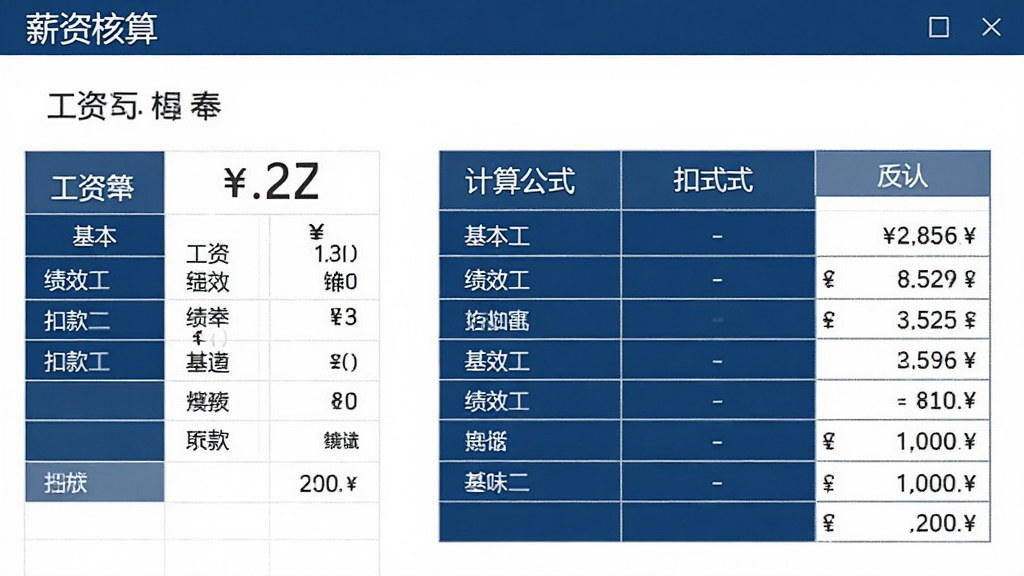 薪资核算界面,画面展示工资条表格与计算公式区域,表格中包含基本工资、绩效、扣款等列,风格严谨商务,配色以白色和深蓝为主,细节有数字和货币符号,画质清晰,干净无多余元素。