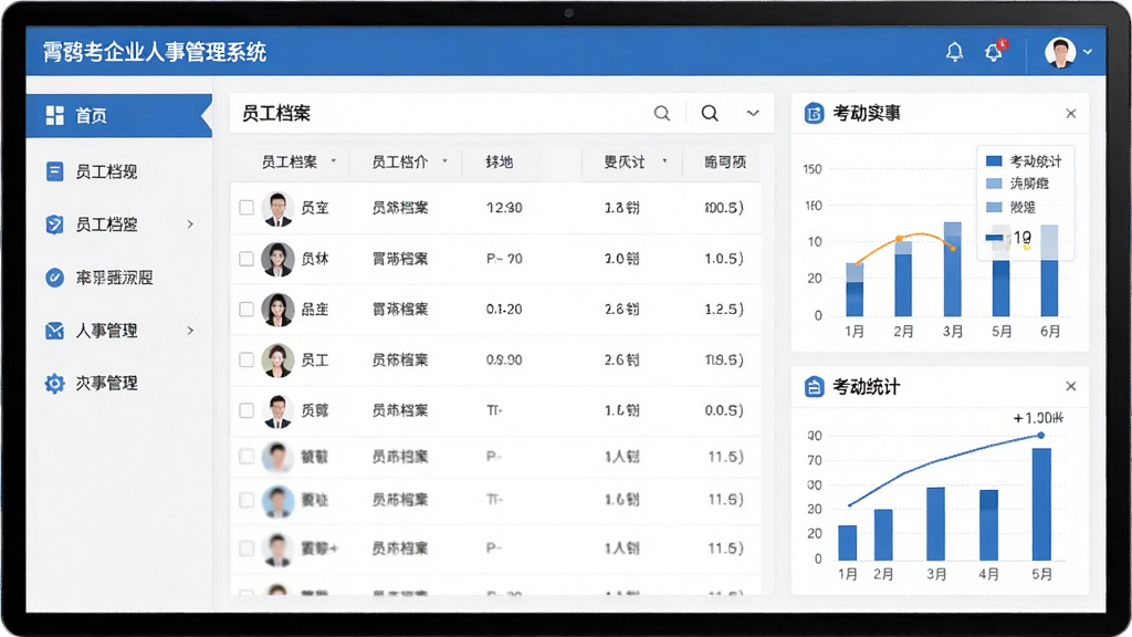 霄鹞企业人事管理系统主界面展示,画面中央是软件操作面板,左侧为功能菜单栏,右侧显示员工档案列表与考勤统计图表,整体布局清晰,采用蓝白商务配色,风格简洁专业,细节包含图标与数据卡片,画质高清,干净无多余元素。