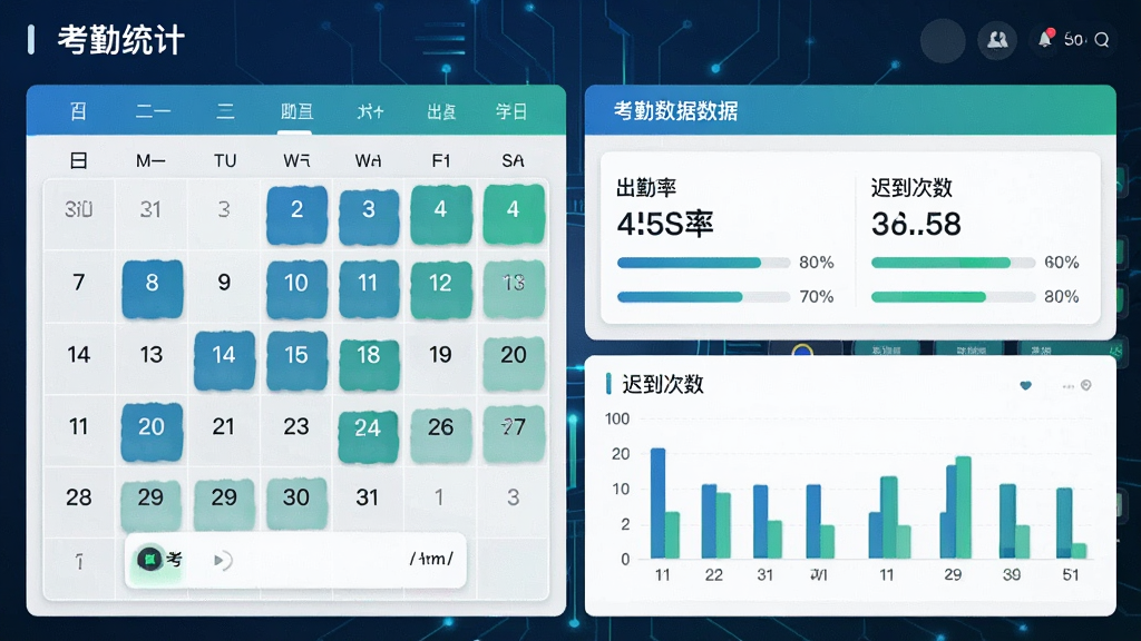 考勤统计仪表盘,画面中显示日历视图与考勤数据图表,包含出勤率、迟到次数等指标,风格现代科技感,配色以蓝色和绿色为主,细节有进度条与数字标签,画质高清,干净无多余元素。