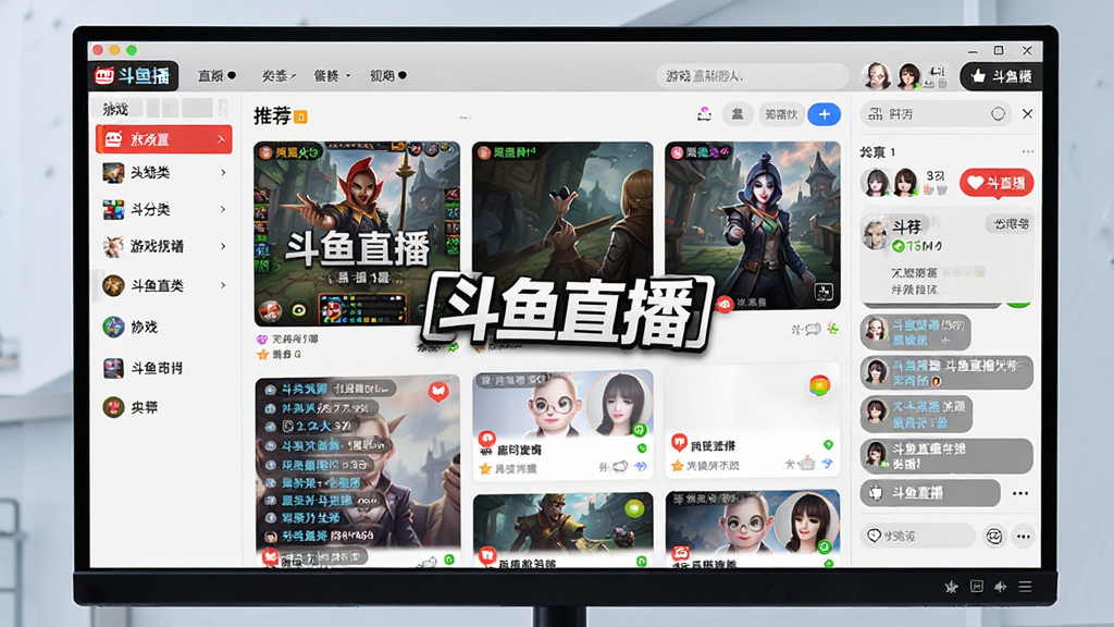 斗鱼直播软件主界面全貌,主体为电脑屏幕中显示斗鱼直播客户端,布局左侧为游戏分类导航,中间为热门直播间推荐卡片,右侧为聊天互动区,排版清晰层次分明,风格现代科技感十足,细节包含游戏封面、弹幕滚动、主播头像,画质高清干净无多余元素,图片中打文字“斗鱼直播”