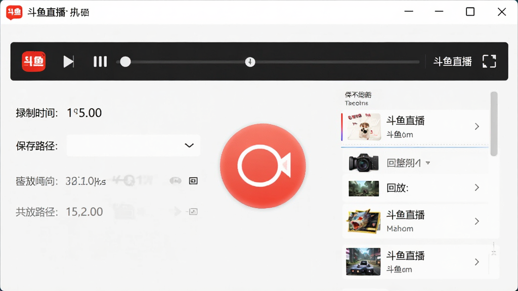 斗鱼直播录屏功能操作界面,主体为播放器控制栏中的录制按钮,布局简洁,排版突出红色录制图标,风格实用导向,细节包含录制时长显示、保存路径选择、回放列表,画质清晰干净无多余元素,图片中打文字“斗鱼直播”