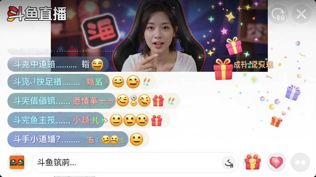 斗鱼直播弹幕互动场景,主体为直播间聊天区域,布局上方为视频画面下方为弹幕输入框,排版错落有致,风格活泼生动,细节包含彩色弹幕文字、礼物特效、表情图标,画质清晰干净无多余元素,图片中打文字“斗鱼直播”
