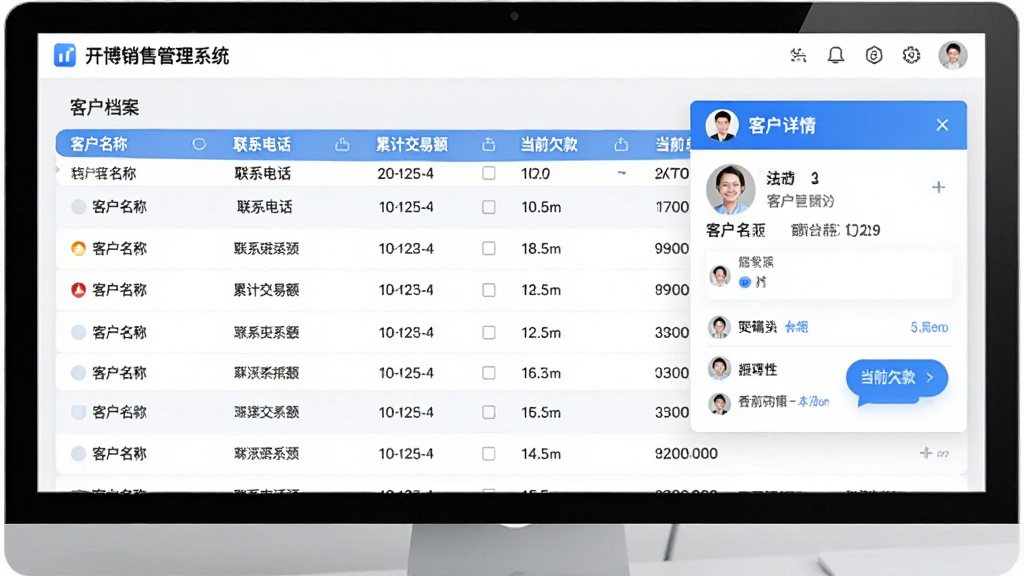 客户管理界面展示,画面中为一份客户档案列表,包含客户名称、联系电话、累计交易额、当前欠款等字段,右侧弹出客户详情卡片,整体采用浅色背景与蓝色点缀,布局清晰,干净整洁,高清画质,画面中标注