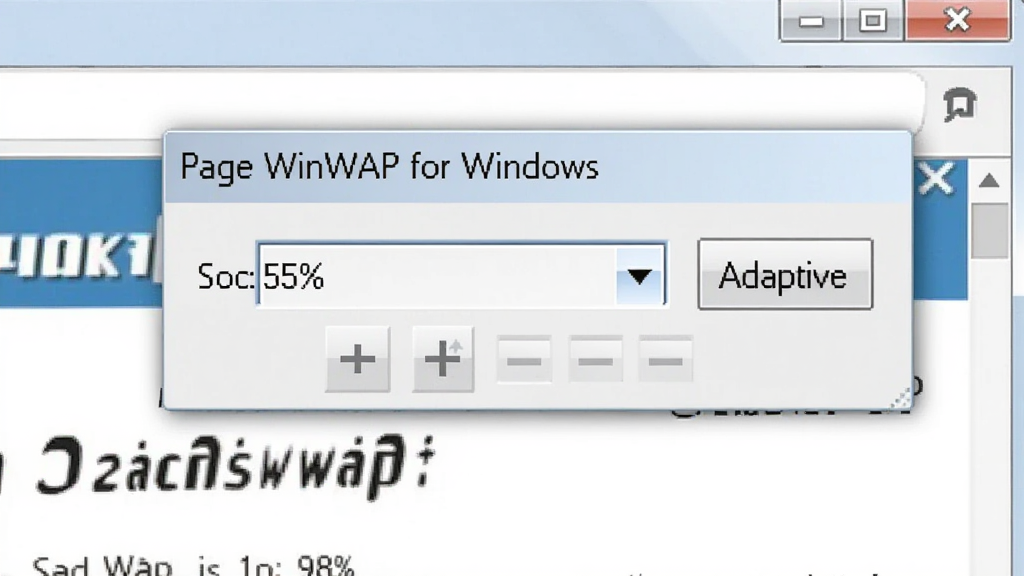 一张软件界面局部特写图,展示 WinWAP for Windows 的页面缩放控制区域,画面中可以看到缩放百分比下拉菜单和自适应按钮,背景是正在浏览的WAP网页内容,界面元素清晰可辨,风格简约现代,画质干净明亮