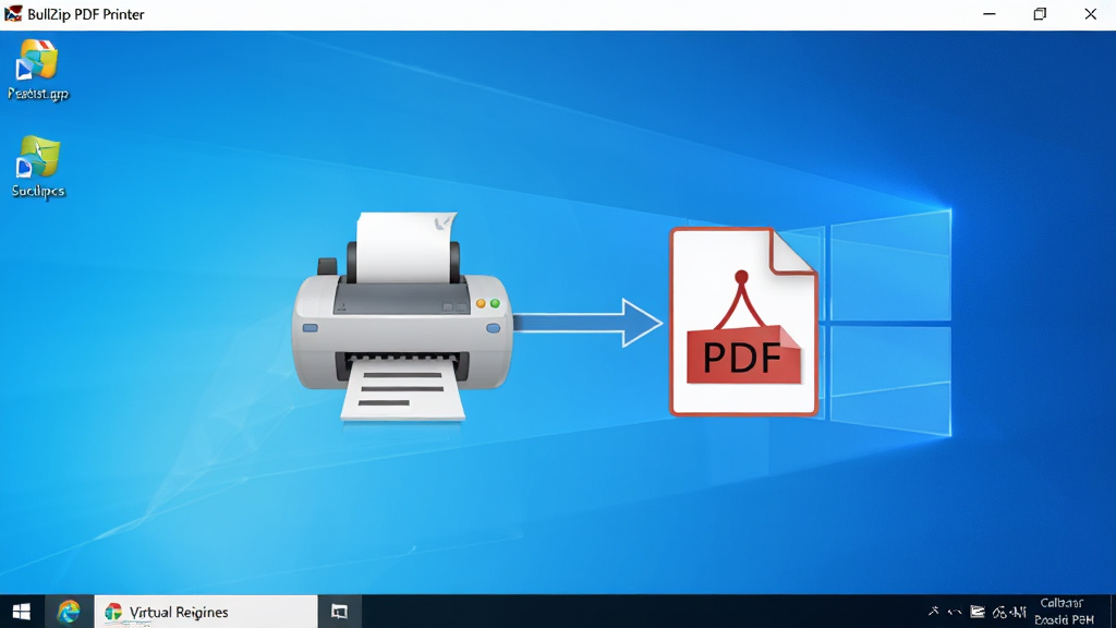 BullZip PDF Printer 软件主界面截图,画面中央展示一台虚拟打印机图标与PDF文档图标相连,背景是简洁的Windows桌面,整体风格干净商务,色调以蓝色和白色为主,画面清晰锐利,排版居中对称,无多余元素,画质高清